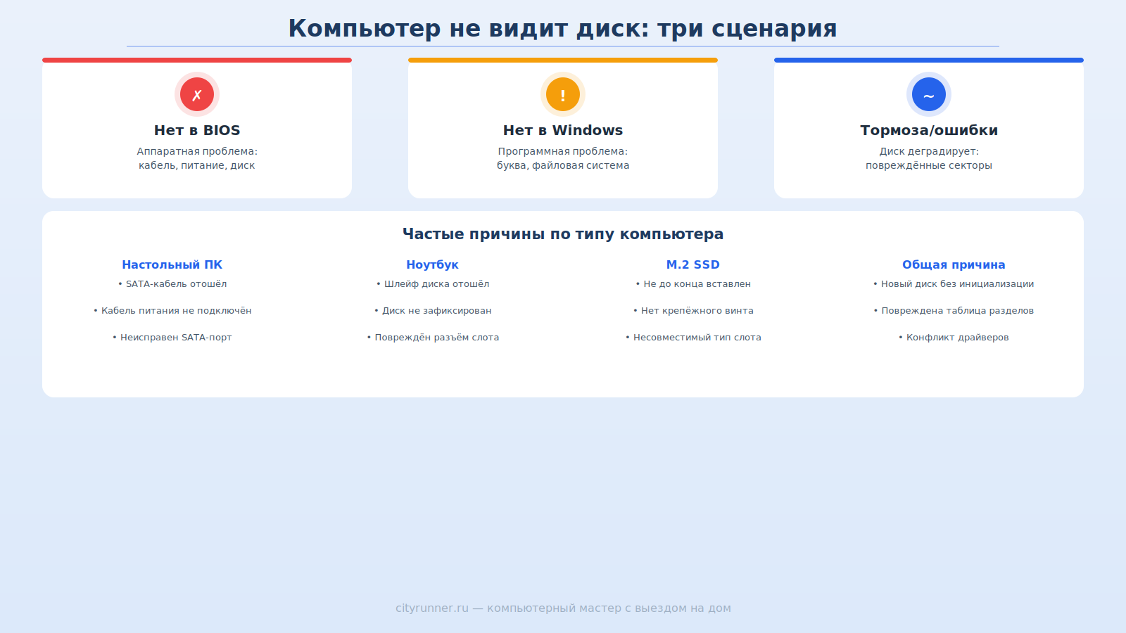 Компьютер не видит диск: три возможных сценария