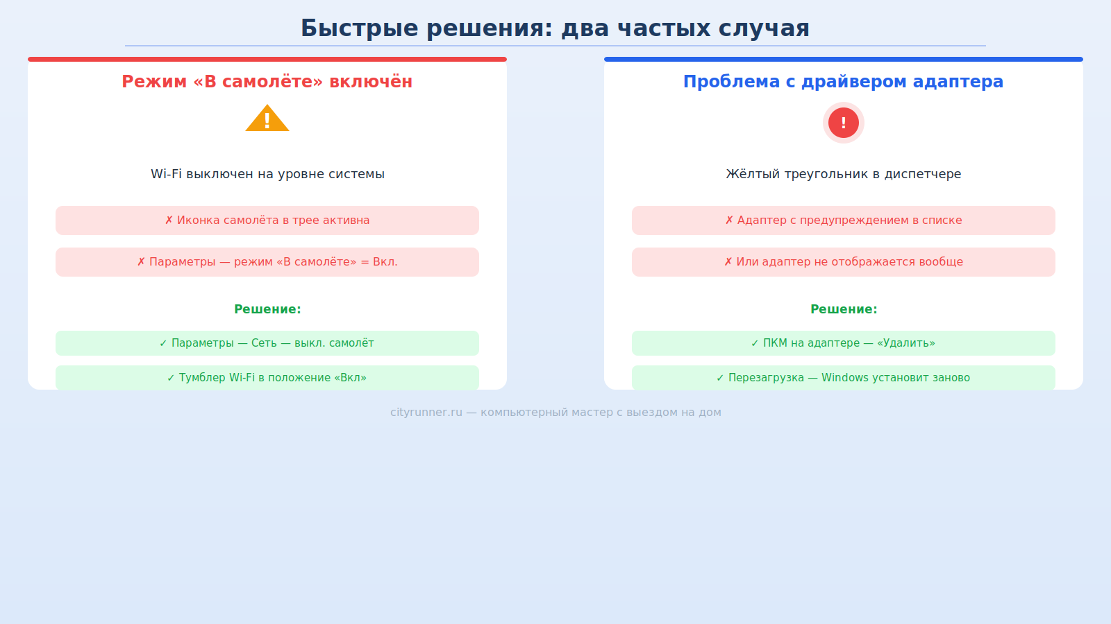Решения для режима в самолёте и драйвера Wi-Fi-адаптера