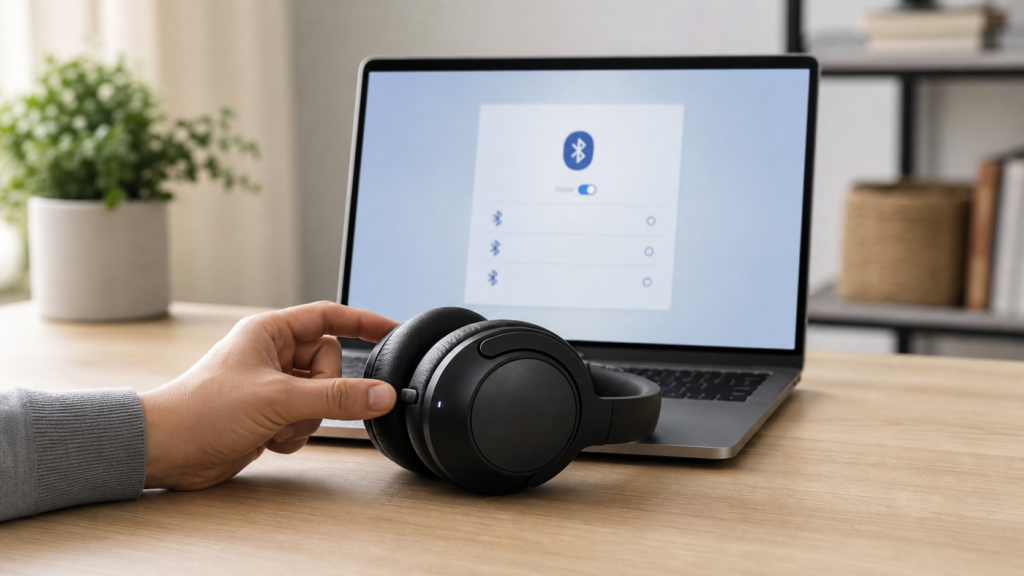Беспроводные наушники в режиме подключения по Bluetooth к ноутбуку